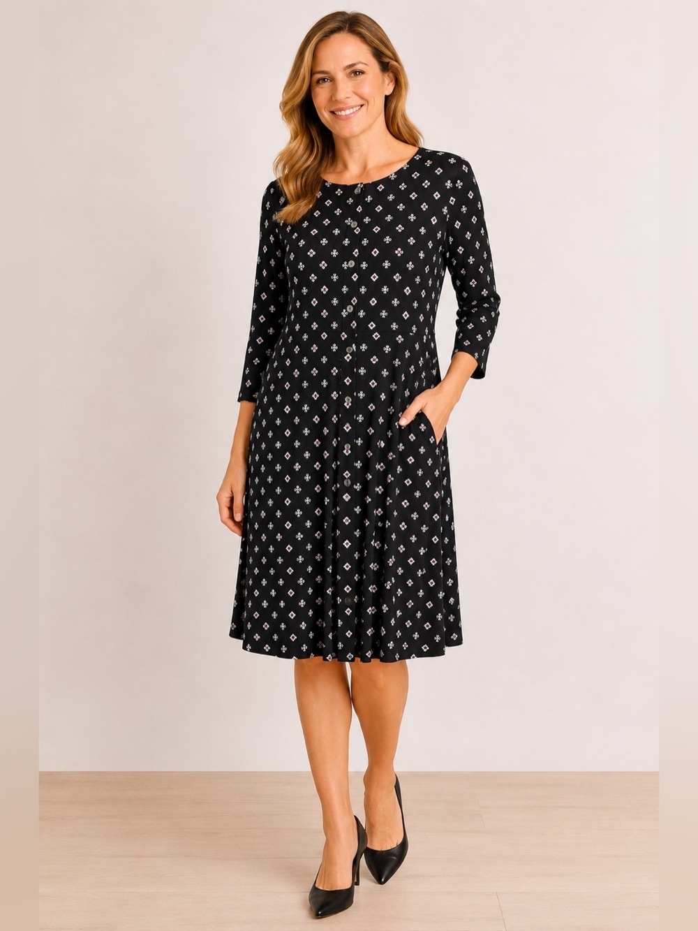 J.Jill Dress Size Meidum Black Print Soft Knit Jersey Pockets Stretch